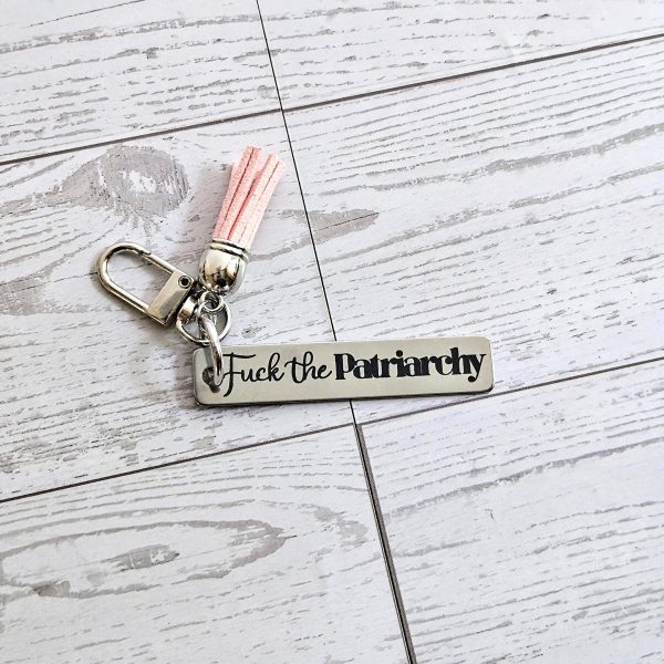 Fuck The Patriarchy Keychain – Engraved Stainless Steel Bar With Pink Tassel – Feminist Gift – Keychains – Handmade By Shessocrafty Goods