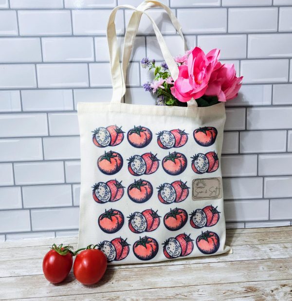 Tomato Tote Bag: Hand-Colored Canvas Grocery Bag With Leatherette Patch – Totes – Handmade By Shessocrafty Goods