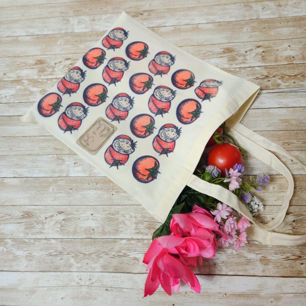 Tomato Tote Bag: Hand-Colored Canvas Grocery Bag With Leatherette Patch – Totes – Handmade By Shessocrafty Goods
