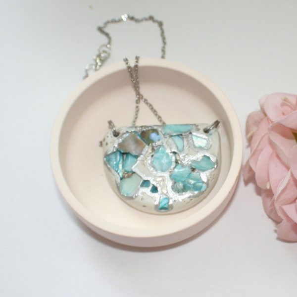 Handmade Concrete Pendant: Blue Iridescent Stone Inlay, Silver Chrome Accent – Jewelry – Handmade By Shessocrafty Goods