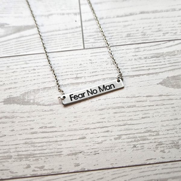 Fear No Man Necklace – Feminist Jewelry Gift – Stainless Steel Bar Pendant With Black Engraving – Jewelry – Handmade By Shessocrafty Goods