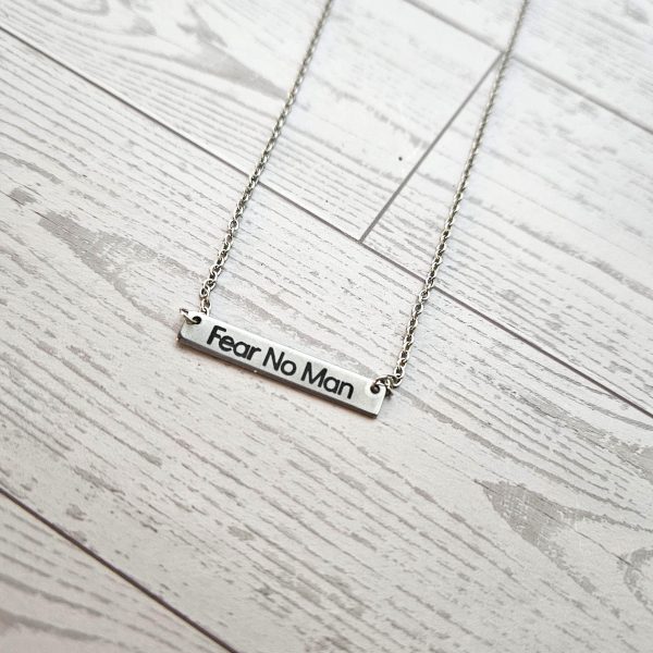 Fear No Man Necklace – Feminist Jewelry Gift – Stainless Steel Bar Pendant With Black Engraving – Jewelry – Handmade By Shessocrafty Goods