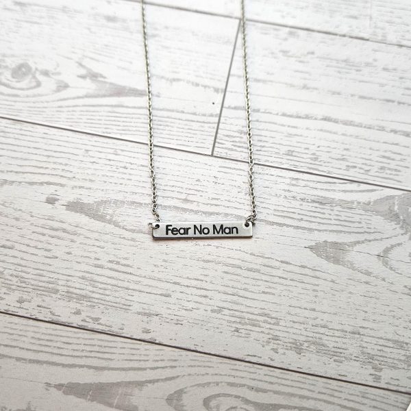 Fear No Man Necklace – Feminist Jewelry Gift – Stainless Steel Bar Pendant With Black Engraving – Jewelry – Handmade By Shessocrafty Goods
