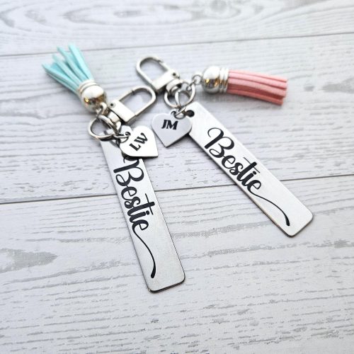 Personalized Bestie Keychain • Stainless Steel Engraved Tag with Initial Heart & Tassel – Keychains – Handmade by ShesSoCrafty Goods