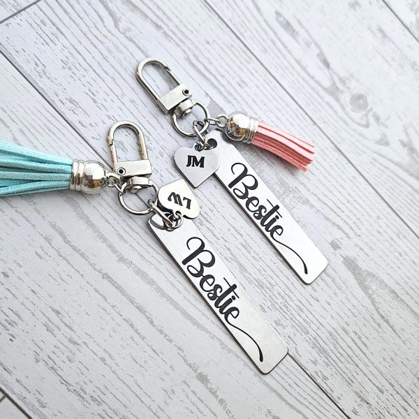 Personalized Bestie Keychain • Stainless Steel Engraved Tag With Initial Heart &Amp; Tassel – Keychains – Handmade By Shessocrafty Goods