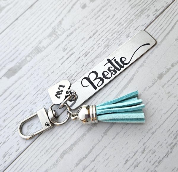 Personalized Bestie Keychain • Stainless Steel Engraved Tag With Initial Heart &Amp; Tassel – Keychains – Handmade By Shessocrafty Goods