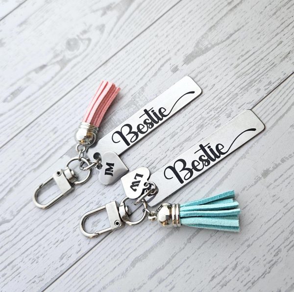 Personalized Bestie Keychain • Stainless Steel Engraved Tag With Initial Heart &Amp; Tassel – Keychains – Handmade By Shessocrafty Goods