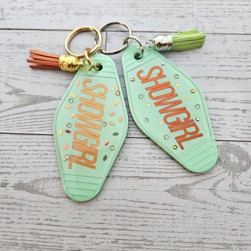 Rhinestone Showgirl Motel Keychain: Mint Green Glitter Resin Key Tag - Choose Style and Attachment – Keychains – Handmade by ShesSoCrafty Goods