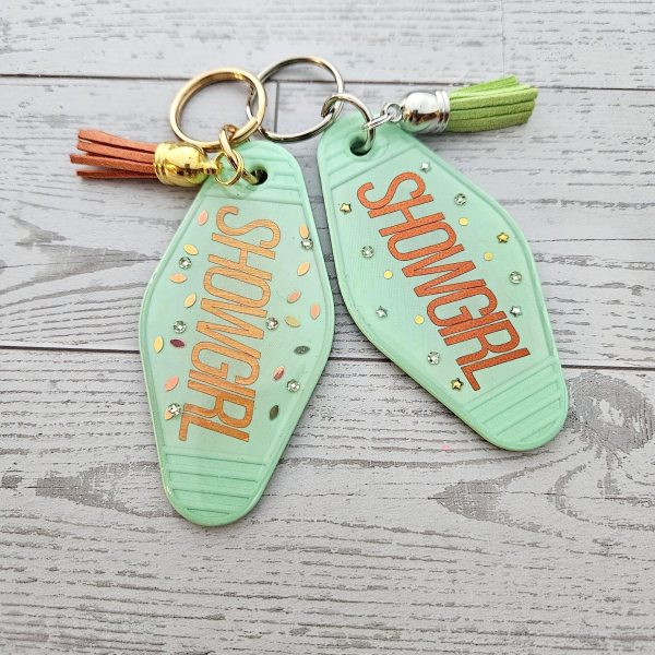 Rhinestone Showgirl Motel Keychain: Mint Green Glitter Resin Key Tag - Choose Style And Attachment – Keychains – Handmade By Shessocrafty Goods