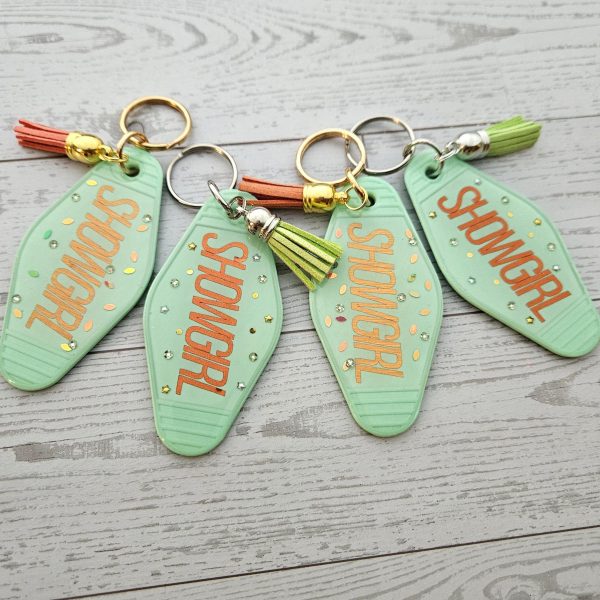 il_fullxfull.7581669238_dv2h Rhinestone Showgirl Motel Keychain: Mint Green Glitter Resin Key Tag - Choose Style And Attachment – Keychains – Handmade By Shessocrafty Goods