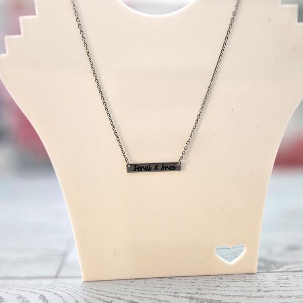 Feral And Free Necklace – Feminist Jewelry Gift – Stainless Steel Bar Pendant With Black Engraving – Jewelry – Handmade By Shessocrafty Goods