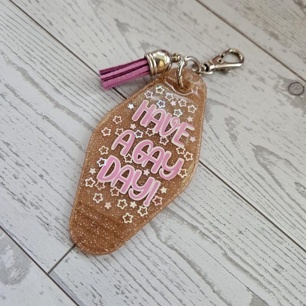 il_fullxfull.7581675306_swgi-1 Retro &Quot;Have A Gay Day&Quot; Keychain: 3D Printed Glitter Pride Key Fob – Keychains – Handmade By Shessocrafty Goods