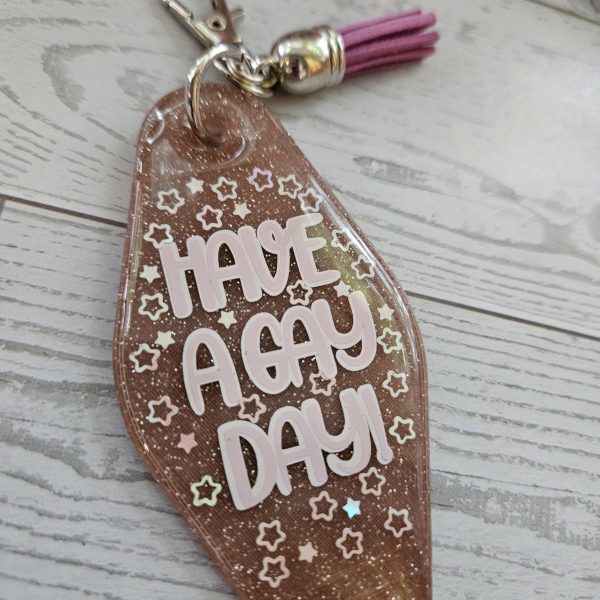 il_fullxfull.7581675840_elzz-1 Retro &Quot;Have A Gay Day&Quot; Keychain: 3D Printed Glitter Pride Key Fob – Keychains – Handmade By Shessocrafty Goods