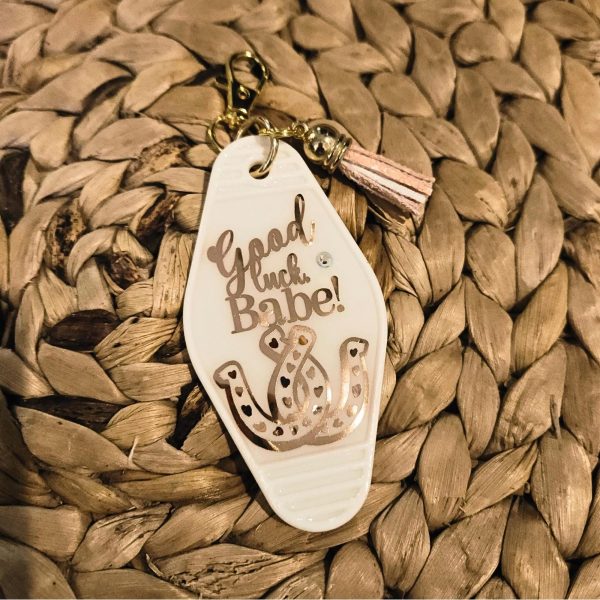 Good Luck Babe Keychain: Chic White Gold Design - Cream Tassel – Keychains – Handmade By Shessocrafty Goods