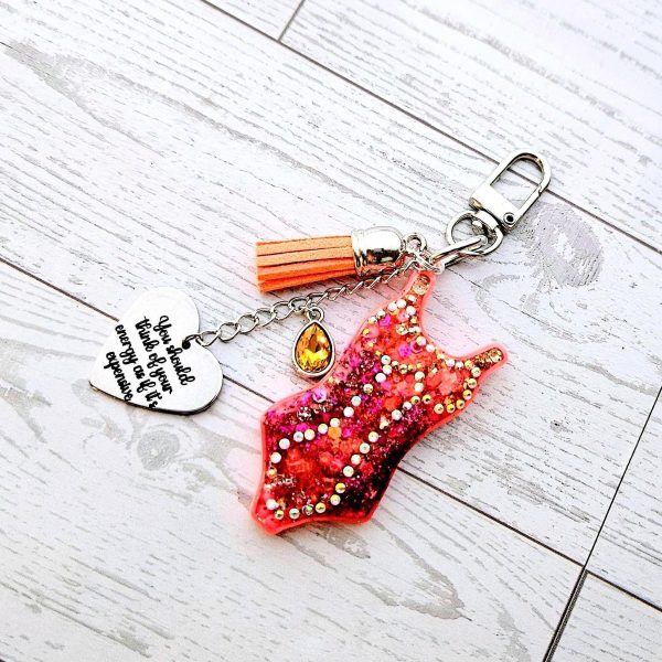 Orange Showgirl Era Bodysuit Keychain – Rhinestone Resin Bag Charm With Engraved Quote – Keychains – Handmade By Shessocrafty Goods