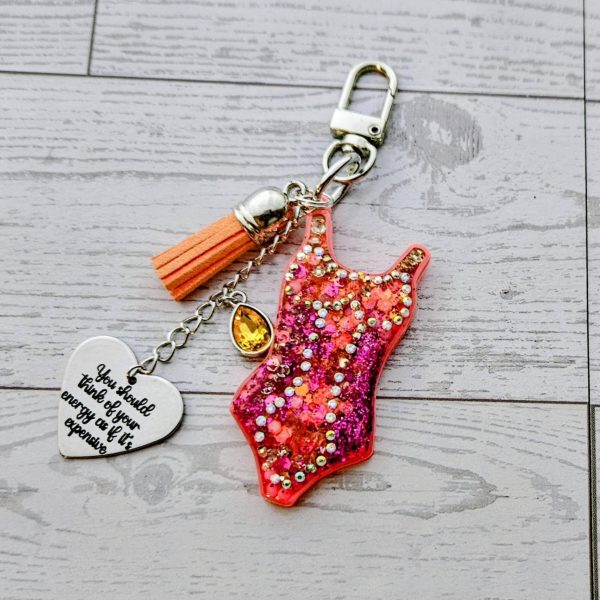 Orange Showgirl Era Bodysuit Keychain – Rhinestone Resin Bag Charm With Engraved Quote – Keychains – Handmade By Shessocrafty Goods