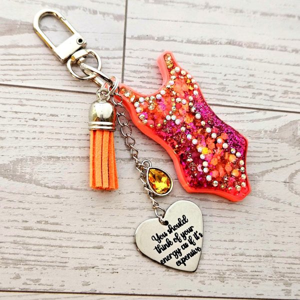 Orange Showgirl Era Bodysuit Keychain – Rhinestone Resin Bag Charm With Engraved Quote – Keychains – Handmade By Shessocrafty Goods