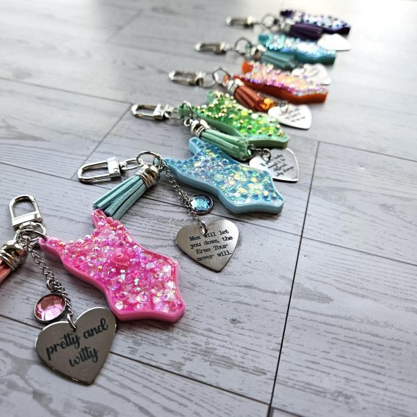 Custom Showgirl Era Bodysuit Keychain – Personalized Glitter Resin Bag Charm With Engraved Quote – Keychains – Handmade By Shessocrafty Goods
