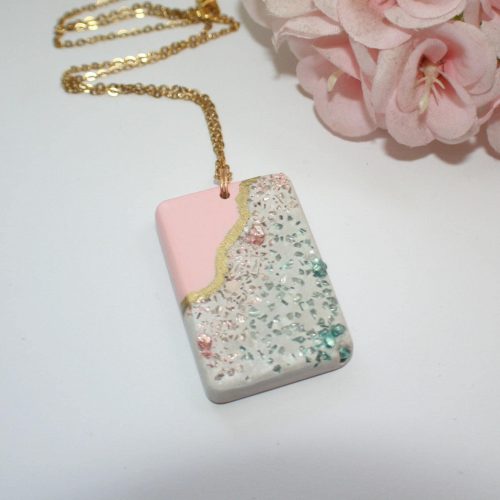 Handmade Concrete Pendant – Rose Gold Turquoise Inlay, Pink & Gold Accent – Jewelry – Handmade by ShesSoCrafty Goods