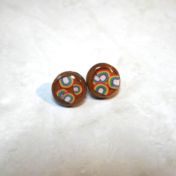 Handmade Wood &Amp; Resin Rainbow Stud Earrings – 12Mm Round Stainless Steel Studs – Lgbtq+ Pride Jewelry – Jewelry – Handmade By Shessocrafty Goods