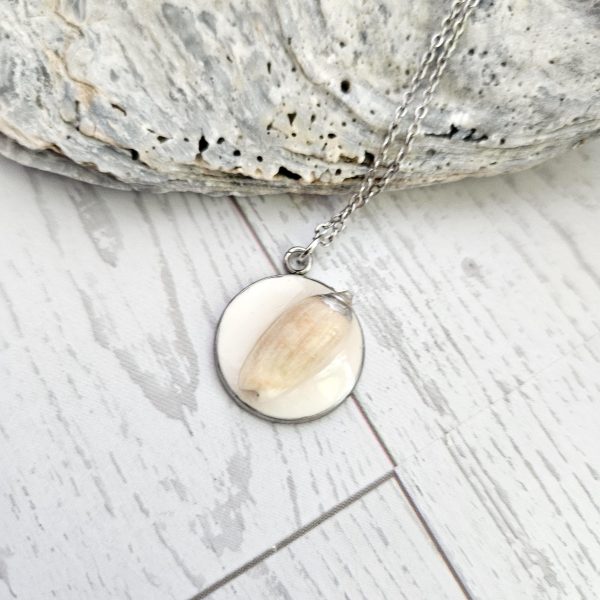 Lettered Olive Shell Necklace: Silver Chrome Tip, Coastal Pendant – Jewelry – Handmade By Shessocrafty Goods