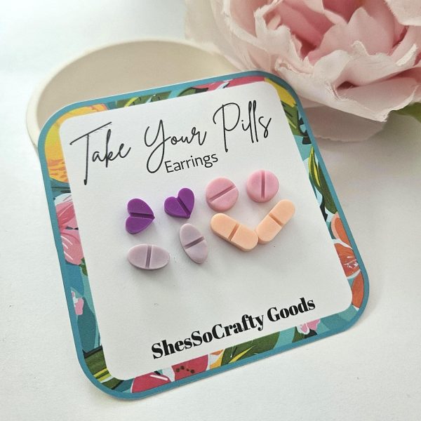 Polymer Clay Pill Earrings: Mental Health Studs, Quirky Gift Set – Jewelry – Handmade By Shessocrafty Goods