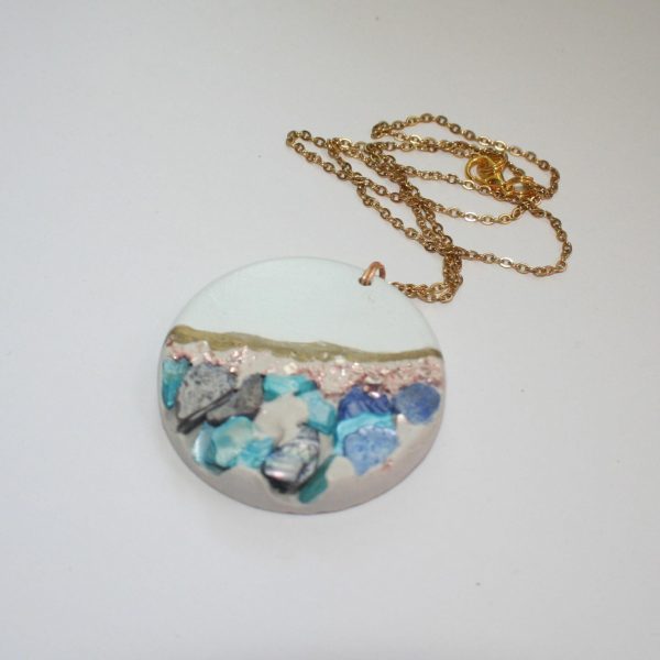 Handmade Concrete Pendant With Blue Stones &Amp; Rose Gold Accents – 1.75&Quot; Round Statement Necklace – Jewelry – Handmade By Shessocrafty Goods