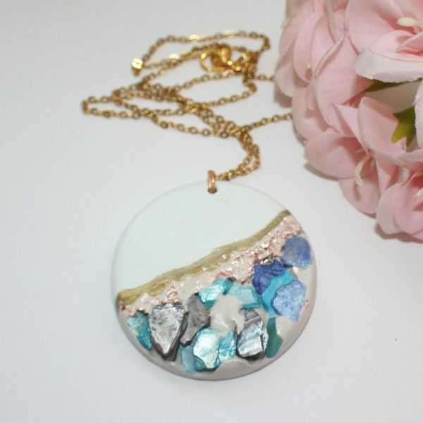 Handmade Concrete Pendant With Blue Stones &Amp; Rose Gold Accents – 1.75&Quot; Round Statement Necklace – Jewelry – Handmade By Shessocrafty Goods