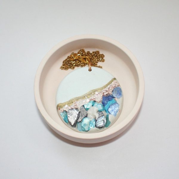 Handmade Concrete Pendant With Blue Stones &Amp; Rose Gold Accents – 1.75&Quot; Round Statement Necklace – Jewelry – Handmade By Shessocrafty Goods