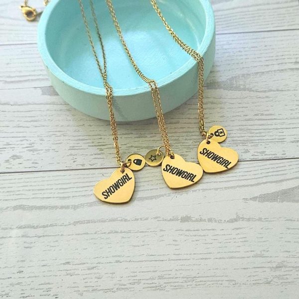 Gold Showgirl Heart Necklace: Engraved Stainless Steel Pendant, Charm Accent – Jewelry – Handmade By Shessocrafty Goods