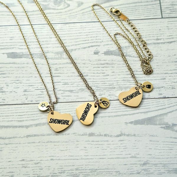 Gold Showgirl Heart Necklace: Engraved Stainless Steel Pendant, Charm Accent – Jewelry – Handmade By Shessocrafty Goods