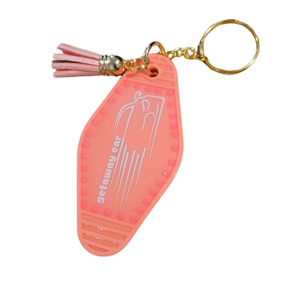 Loud Color. Louder Statements. - ShesSoCrafty Goods Getaway Car Motel Keychain: Coral Pink Rhinestone Tassel, Swiftie Gift β Keychains β Handmade By Shessocrafty Goods