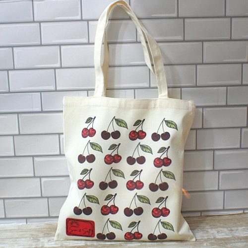 Cherry Canvas Tote Bag: Hand-Drawn Fruit Art, Summer Market Bag – Totes – Handmade by ShesSoCrafty Goods