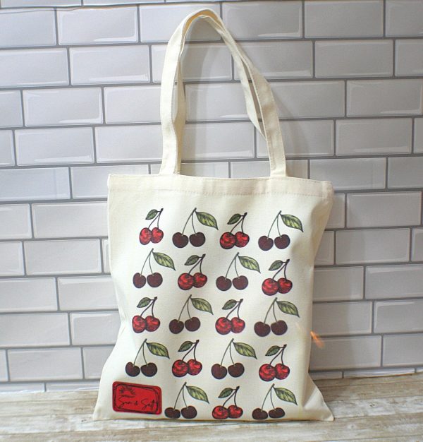 Cherry Canvas Tote Bag: Hand-Drawn Fruit Art, Summer Market Bag – Totes – Handmade By Shessocrafty Goods