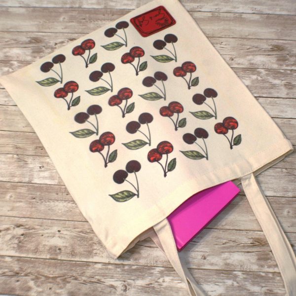 Cherry Canvas Tote Bag: Hand-Drawn Fruit Art, Summer Market Bag – Totes – Handmade By Shessocrafty Goods