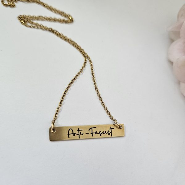 Anti-Fascist Bar Necklace, Stainless Steel Resistance Jewelry - Activist Gift, Leftist Political Pendant, Punk Engraved Charm – Jewelry – Handmade By Shessocrafty Goods