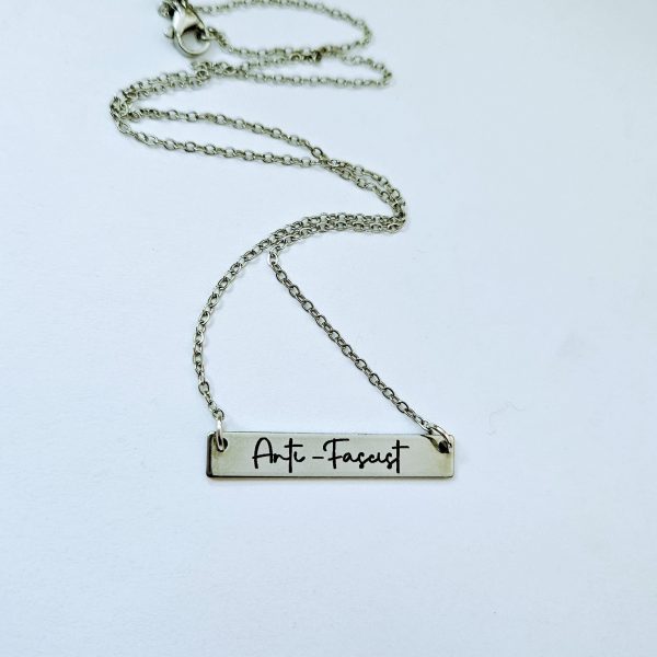 Anti-Fascist Bar Necklace, Stainless Steel Resistance Jewelry - Activist Gift, Leftist Political Pendant, Punk Engraved Charm – Jewelry – Handmade By Shessocrafty Goods