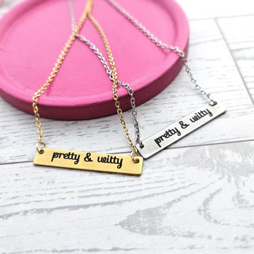 Pretty & Witty Necklace • 18K Gold PVD or Satin Stainless Steel • Tarnish-Proof Bar Jewelry – Jewelry – Handmade by ShesSoCrafty Goods