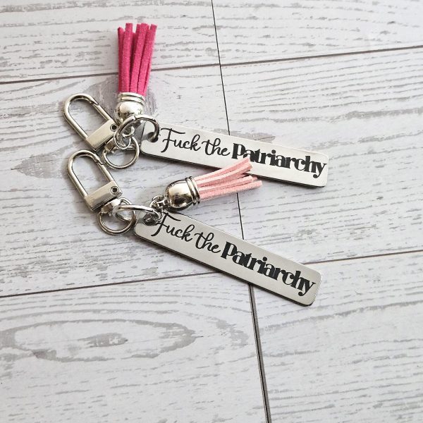 Fuck The Patriarchy Keychain – Engraved Stainless Steel Bar With Pink Tassel – Feminist Gift – Keychains – Handmade By Shessocrafty Goods