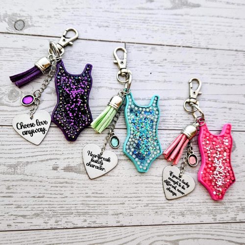 Showgirl Era Bodysuit Keychain – Rhinestone Bag Charm, Pink Blue or Purple – Keychains – Handmade by ShesSoCrafty Goods