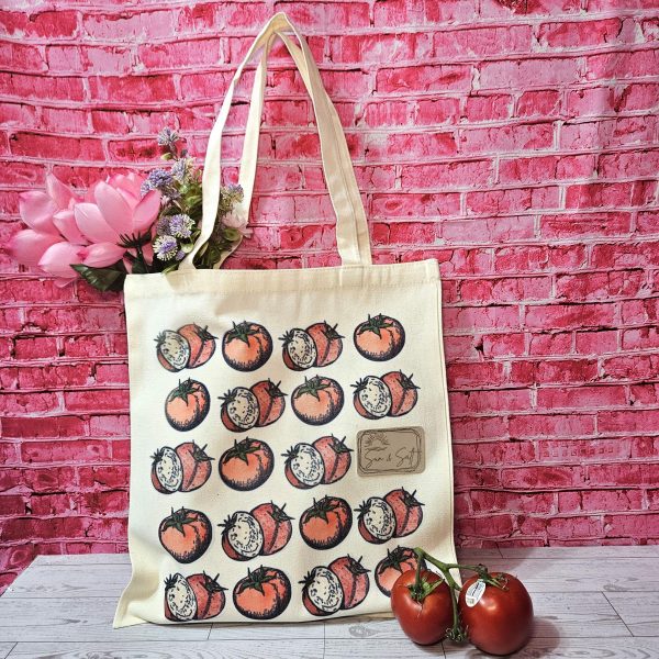 Tomato Tote Bag: Hand-Colored Canvas Grocery Bag With Leatherette Patch – Totes – Handmade By Shessocrafty Goods