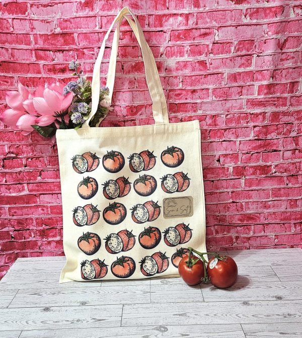 Tomato Tote Bag: Hand-Colored Canvas Grocery Bag With Leatherette Patch – Totes – Handmade By Shessocrafty Goods