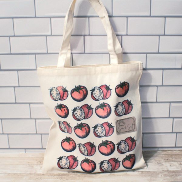 Tomato Tote Bag: Hand-Colored Canvas Grocery Bag With Leatherette Patch – Totes – Handmade By Shessocrafty Goods