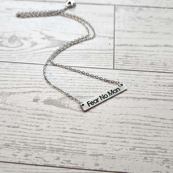 Fear No Man Necklace – Feminist Jewelry Gift – Stainless Steel Bar Pendant With Black Engraving – Jewelry – Handmade By Shessocrafty Goods
