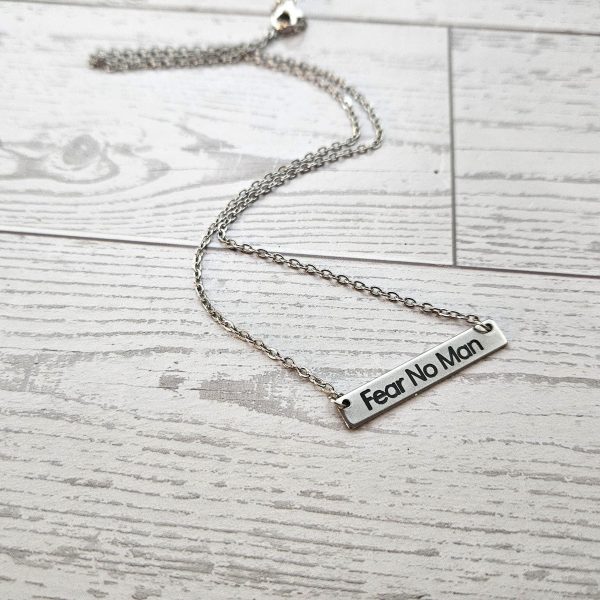 Fear No Man Necklace – Feminist Jewelry Gift – Stainless Steel Bar Pendant With Black Engraving – Jewelry – Handmade By Shessocrafty Goods
