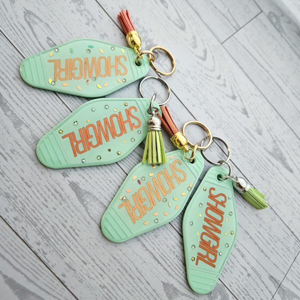 il_fullxfull.7629617239_mxx6 Rhinestone Showgirl Motel Keychain: Mint Green Glitter Resin Key Tag - Choose Style And Attachment – Keychains – Handmade By Shessocrafty Goods