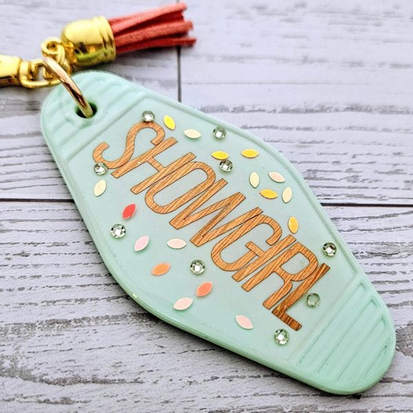il_fullxfull.7629617325_do5c Rhinestone Showgirl Motel Keychain: Mint Green Glitter Resin Key Tag - Choose Style And Attachment – Keychains – Handmade By Shessocrafty Goods