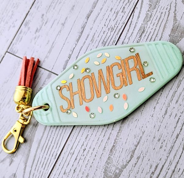 il_fullxfull.7629617429_m02l Rhinestone Showgirl Motel Keychain: Mint Green Glitter Resin Key Tag - Choose Style And Attachment – Keychains – Handmade By Shessocrafty Goods