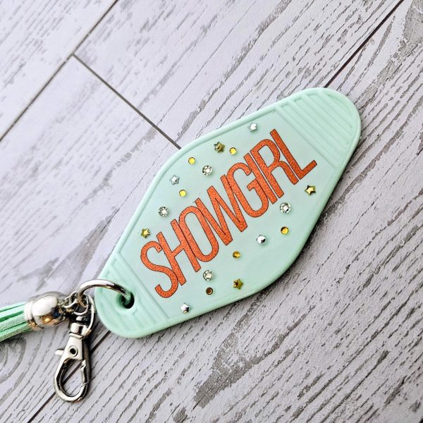 il_fullxfull.7629617567_2tyr Rhinestone Showgirl Motel Keychain: Mint Green Glitter Resin Key Tag - Choose Style And Attachment – Keychains – Handmade By Shessocrafty Goods