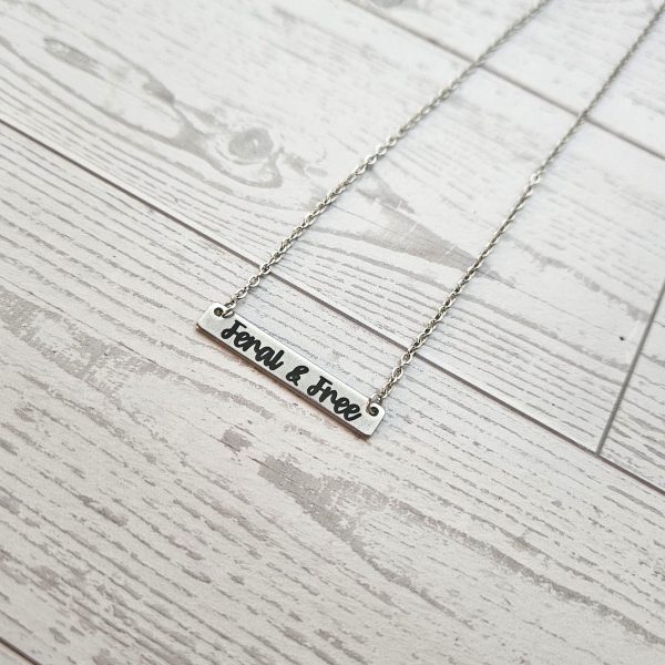 Feral And Free Necklace – Feminist Jewelry Gift – Stainless Steel Bar Pendant With Black Engraving – Jewelry – Handmade By Shessocrafty Goods